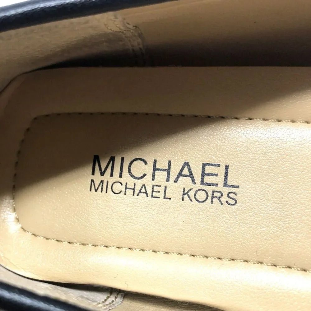 Michael Kors Lillian Loafer Womens Size 6 Black Leather Signature Silver MK Moc